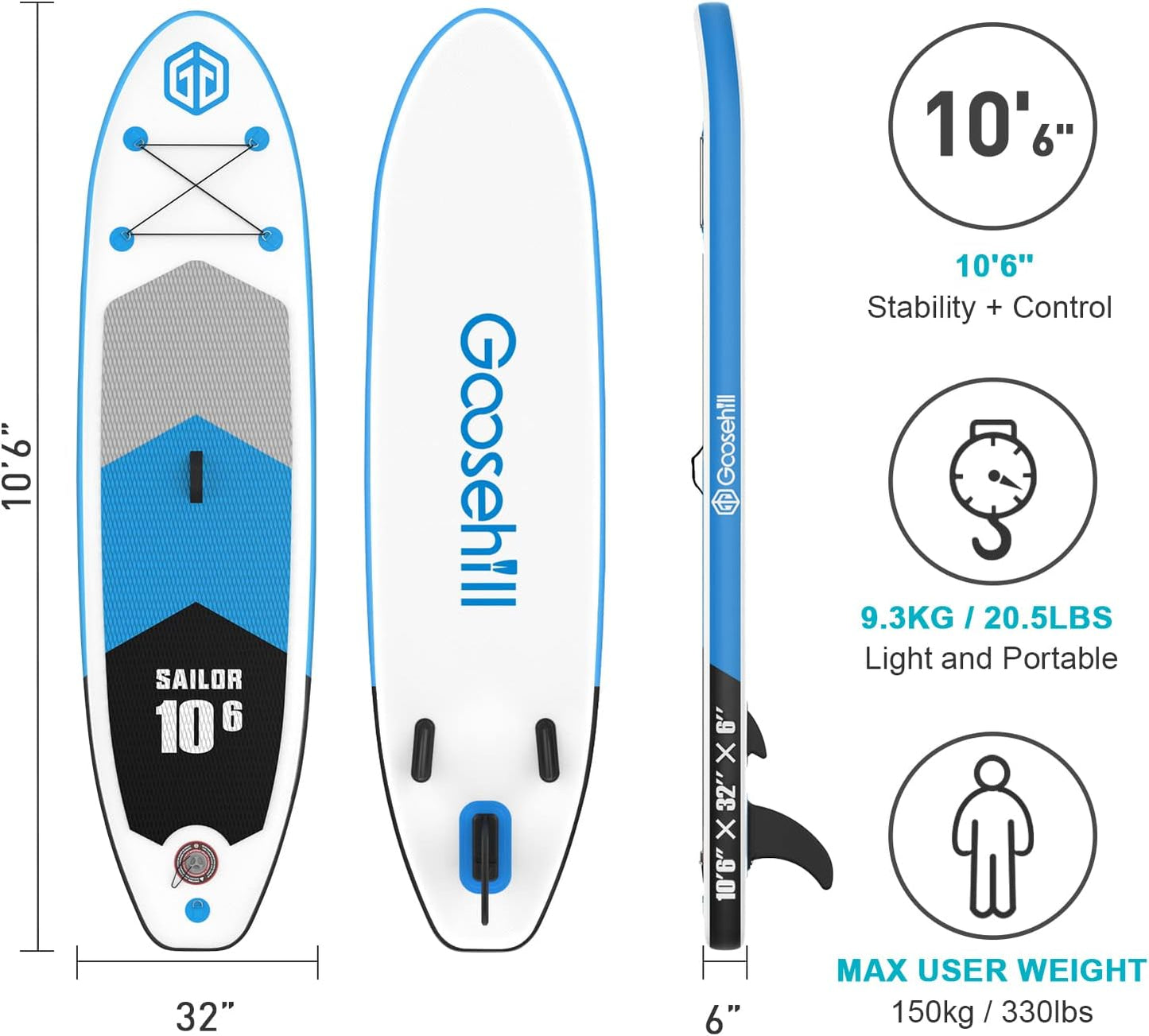Goosehill Inflatable Stand Up Paddle Board, Premium SUP Package, 10' Long 32" Wide 6" Thick, Patterns Open for Customization